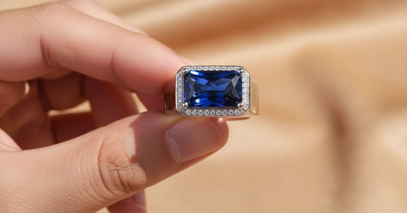 italian designed sterling silver ring with blue zircon "unlimited elegance"