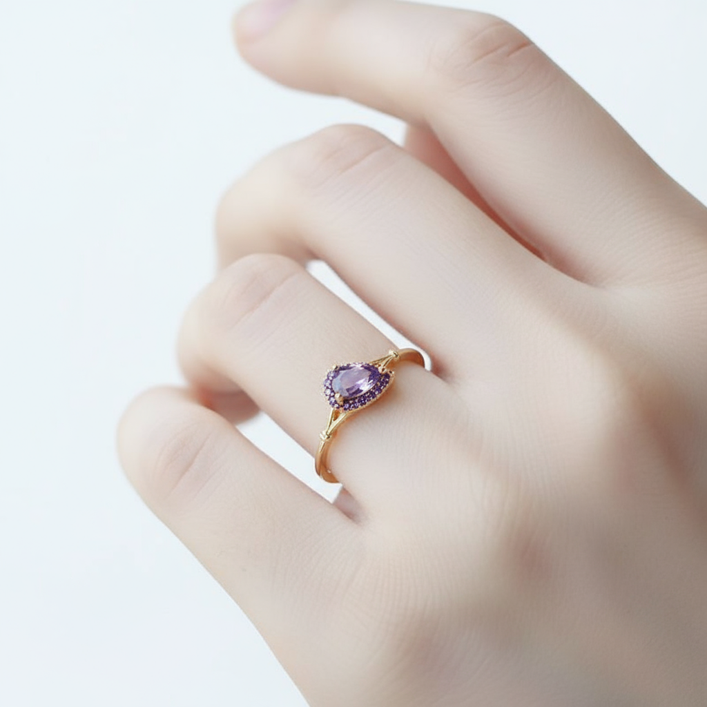 dainty gold plated 925 sterling silver ring with inlaid water drop shaped purple zirconia dainty gold plated 925 sterling silver ring with inlaid water drop shaped purple zirconia