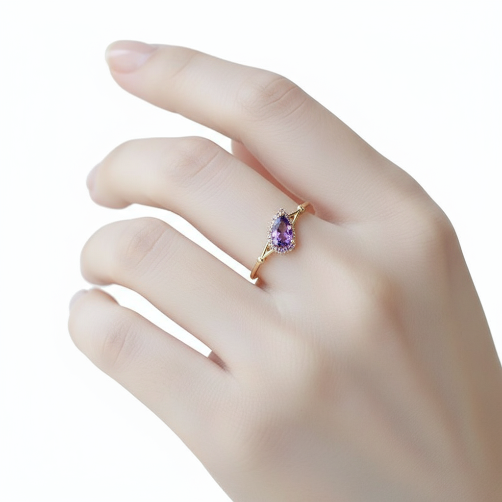 dainty gold plated 925 sterling silver ring with inlaid water drop shaped purple zirconia dainty gold plated 925 sterling silver ring with inlaid water drop shaped purple zirconia