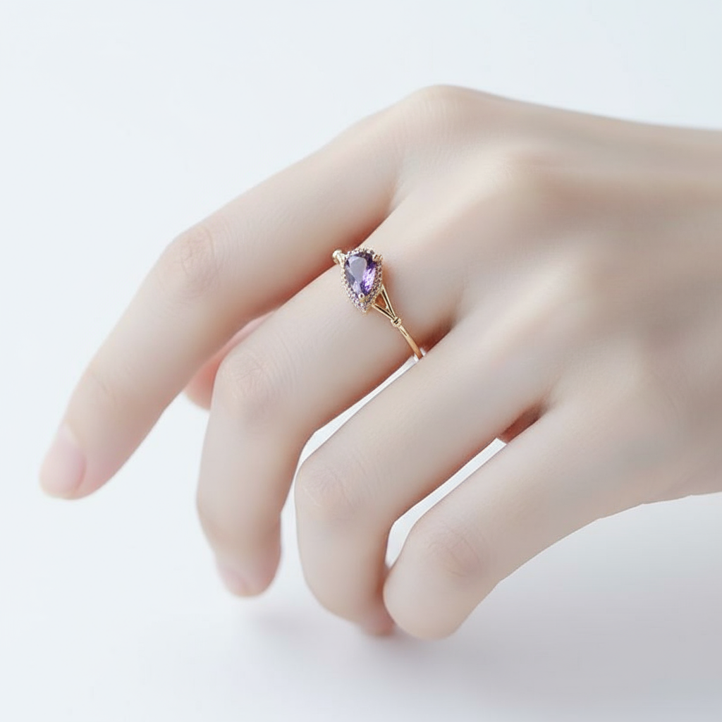 dainty gold plated 925 sterling silver ring with inlaid water drop shaped purple zirconia dainty gold plated 925 sterling silver ring with inlaid water drop shaped purple zirconia