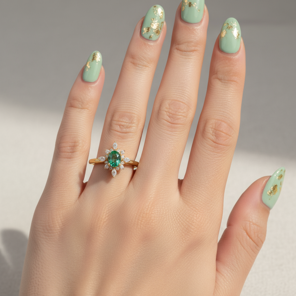 luxury 18k gold plated 925 silver starburst ring with emerald green zirconia cluster luxury 18k gold plated 925 silver starburst ring with emerald green zirconia cluster