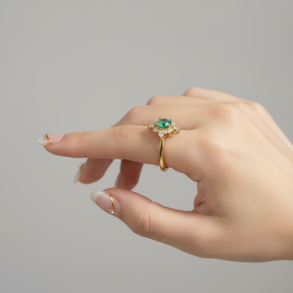 luxury 18k gold plated 925 silver starburst ring with emerald green zirconia cluster luxury 18k gold plated 925 silver starburst ring with emerald green zirconia cluster