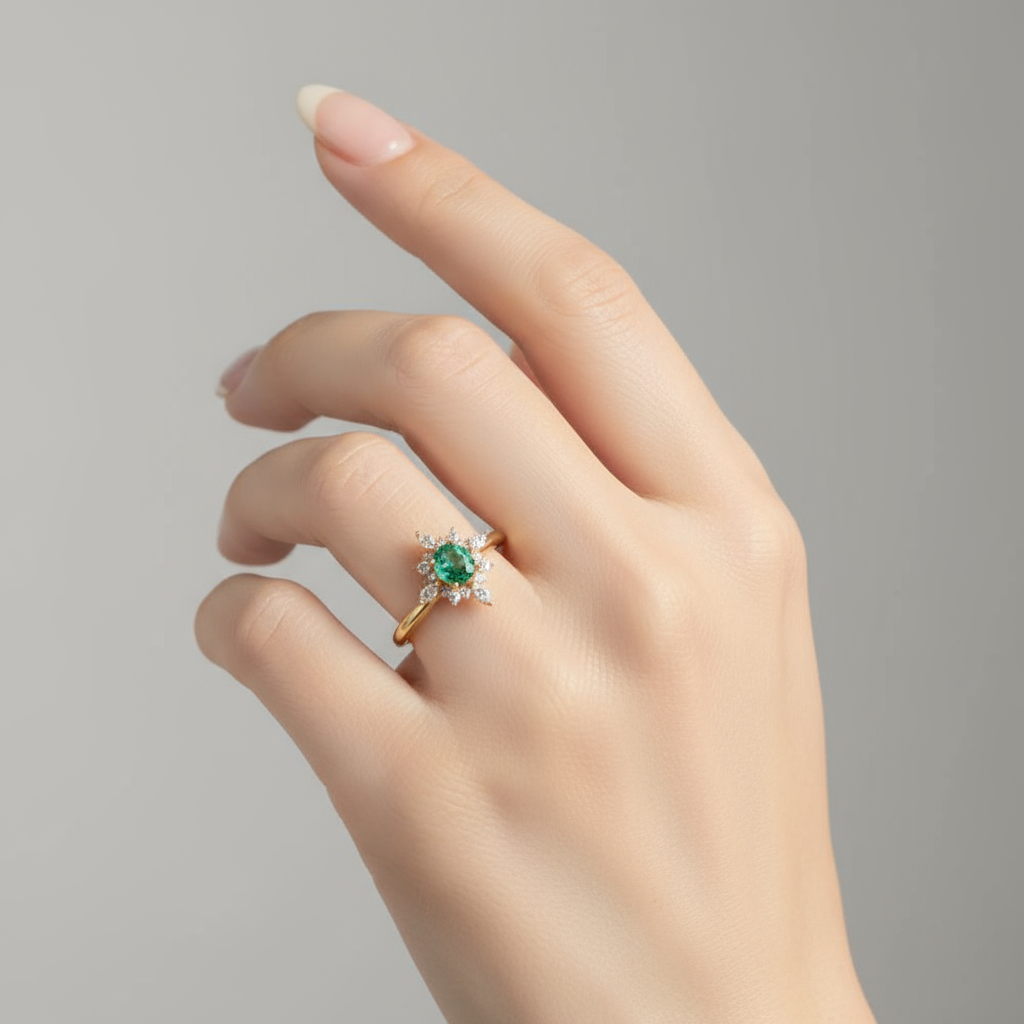 luxury 18k gold plated 925 silver starburst ring with emerald green zirconia cluster luxury 18k gold plated 925 silver starburst ring with emerald green zirconia cluster