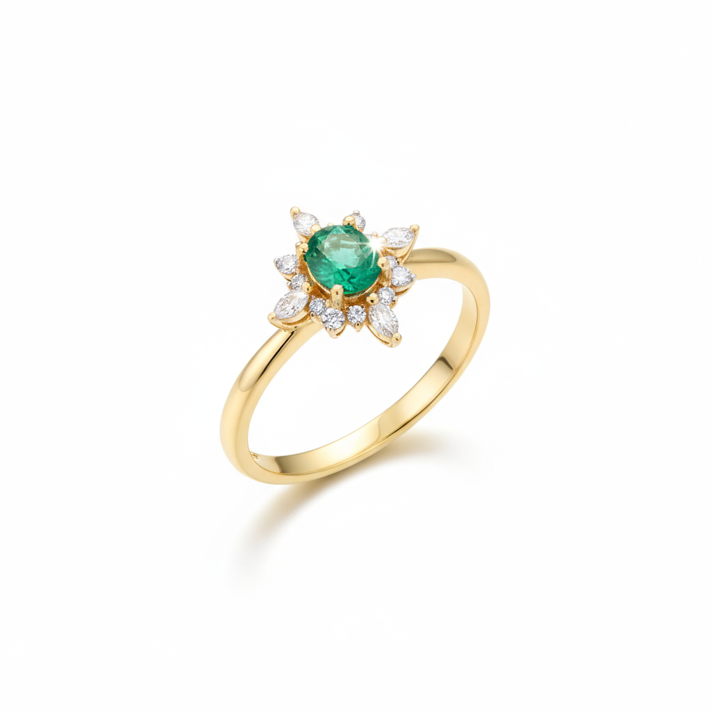 luxury 18k gold plated 925 silver starburst ring with emerald green zirconia cluster luxury 18k gold plated 925 silver starburst ring with emerald green zirconia cluster