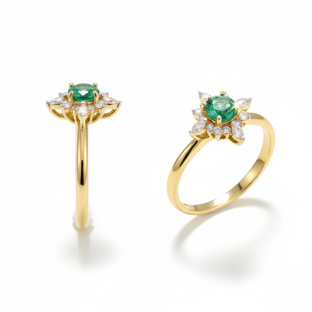 luxury 18k gold plated 925 silver starburst ring with emerald green zirconia cluster luxury 18k gold plated 925 silver starburst ring with emerald green zirconia cluster