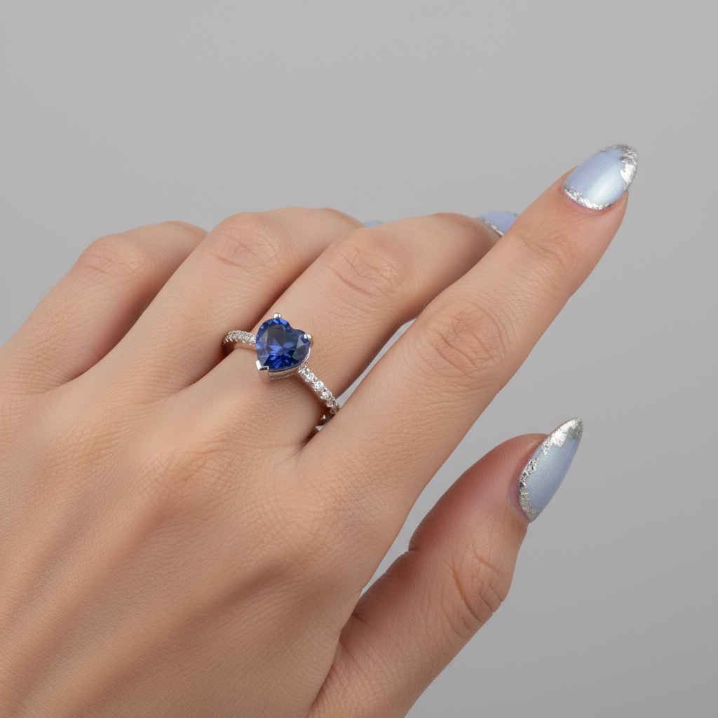 dainty 925 sterling silver heart ring with blue zirconia pavé band dainty 925 sterling silver heart ring with blue zirconia pavé band