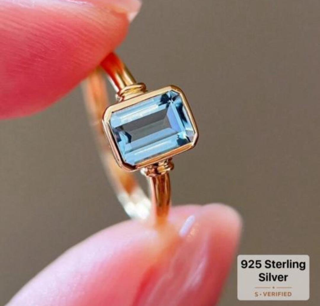 elegant ins style square blue cz ring | dainty gold plated s925 silver statement ring for women elegant ins style square blue cz ring | dainty gold plated s925 silver statement ring for women