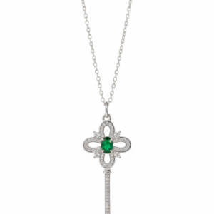 sterling silver clover key necklace with pave cubic zirconia and emerald green centre