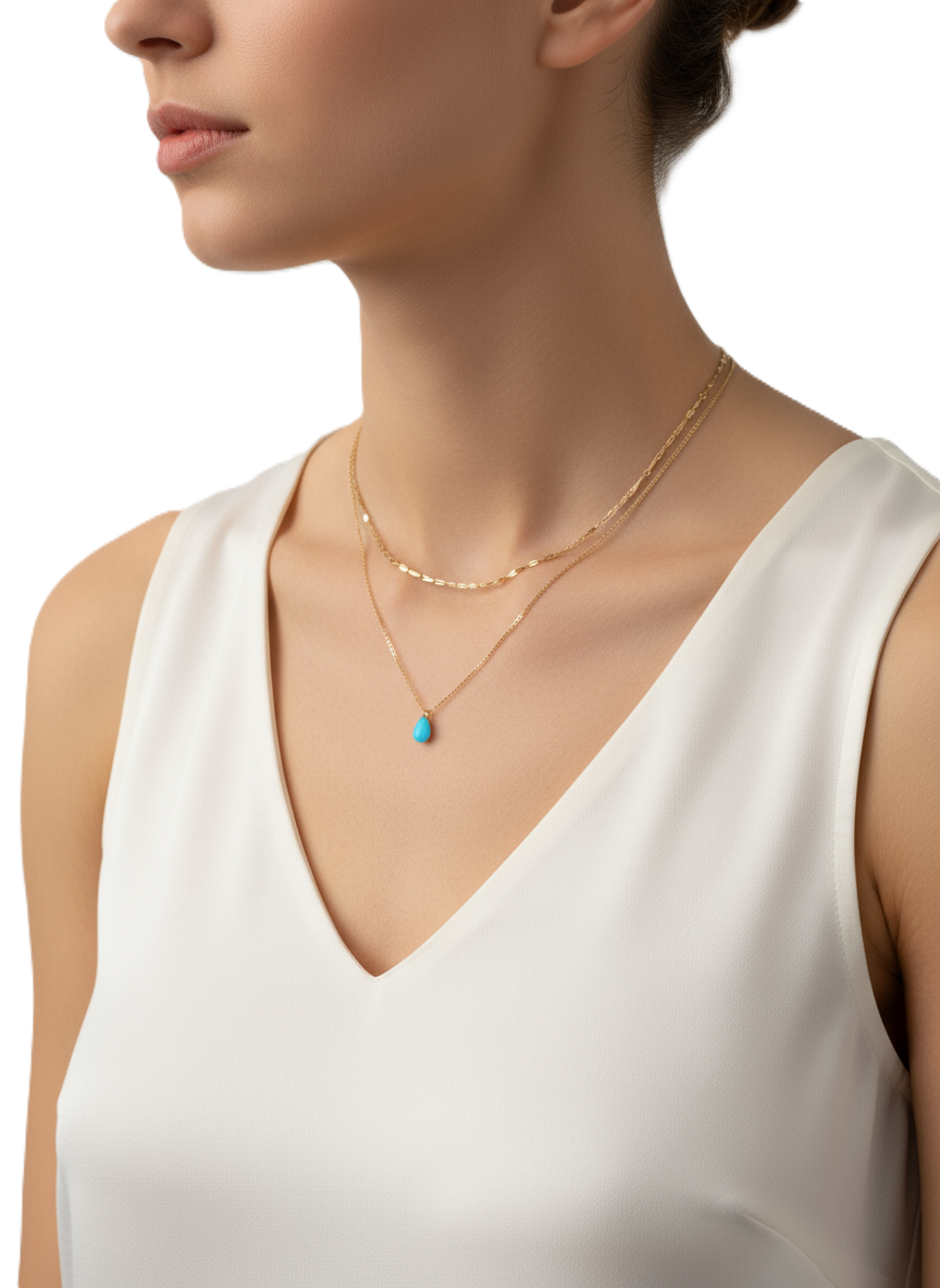 gold plated 925 silver layered necklace with tiny turquoise teardrop charm simulated opal blue stone gold plated 925 silver layered necklace with tiny turquoise teardrop charm simulated opal blue stone