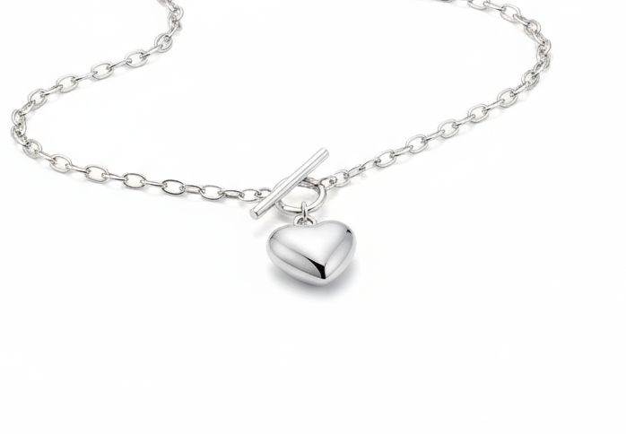 Home chunky chain 925 sterling silver toggle necklace with puffy heart charm