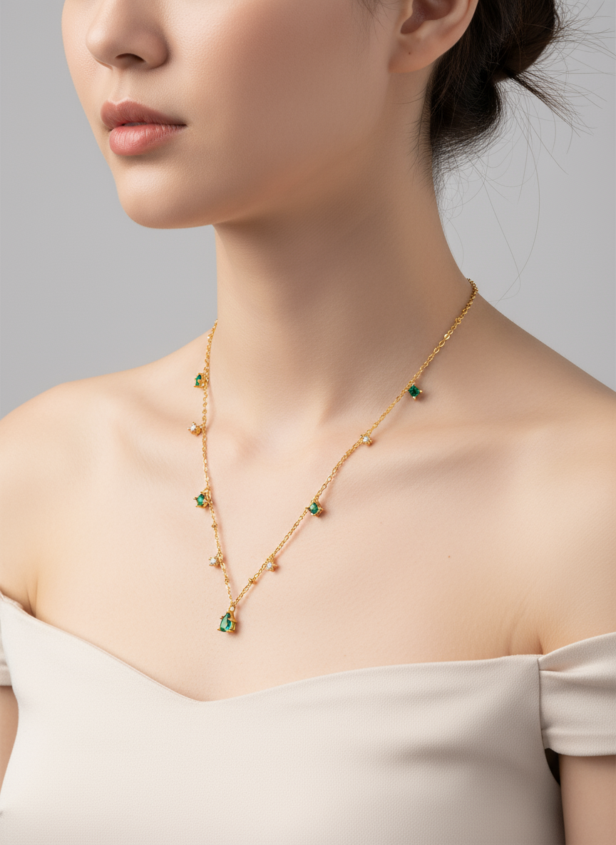 dainty gold plated silver station necklace with emerald green and cubic zirconia drops dainty gold plated silver station necklace with emerald green and cubic zirconia drops