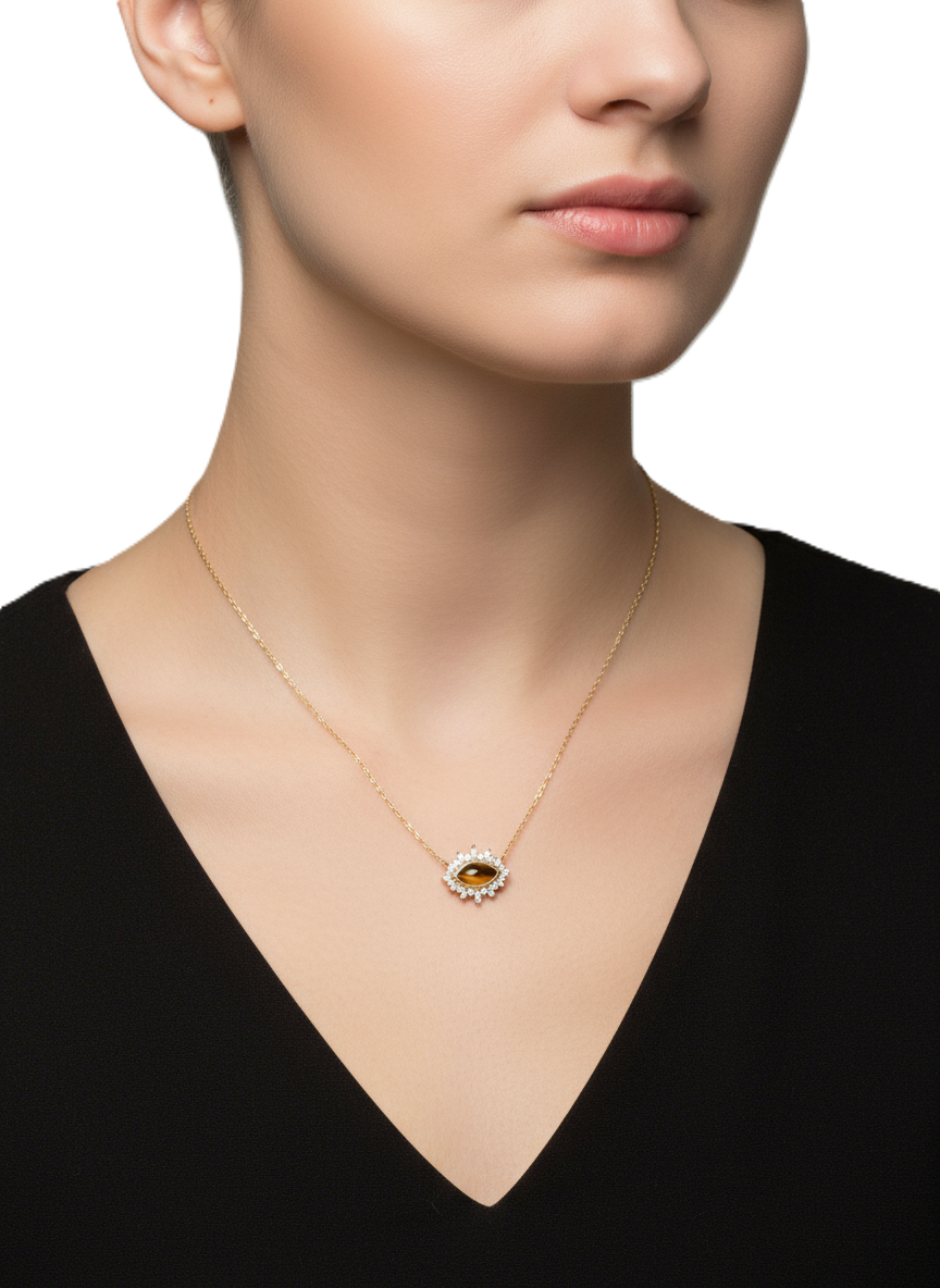 dainty 18k gold plated 925 sterling silver necklace with natural tiger eye amber stone | unique women's jewellery dainty 18k gold plated 925 sterling silver necklace with natural tiger eye amber stone | unique women's jewellery