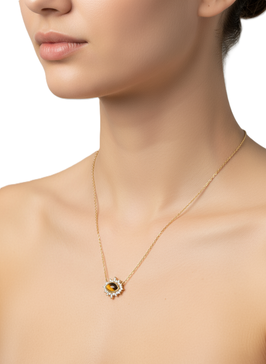 dainty 18k gold plated 925 sterling silver necklace with natural tiger eye amber stone | unique women's jewellery dainty 18k gold plated 925 sterling silver necklace with natural tiger eye amber stone | unique women's jewellery