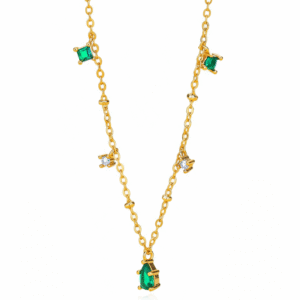 dainty gold plated silver station necklace with emerald green and cubic zirconia drops