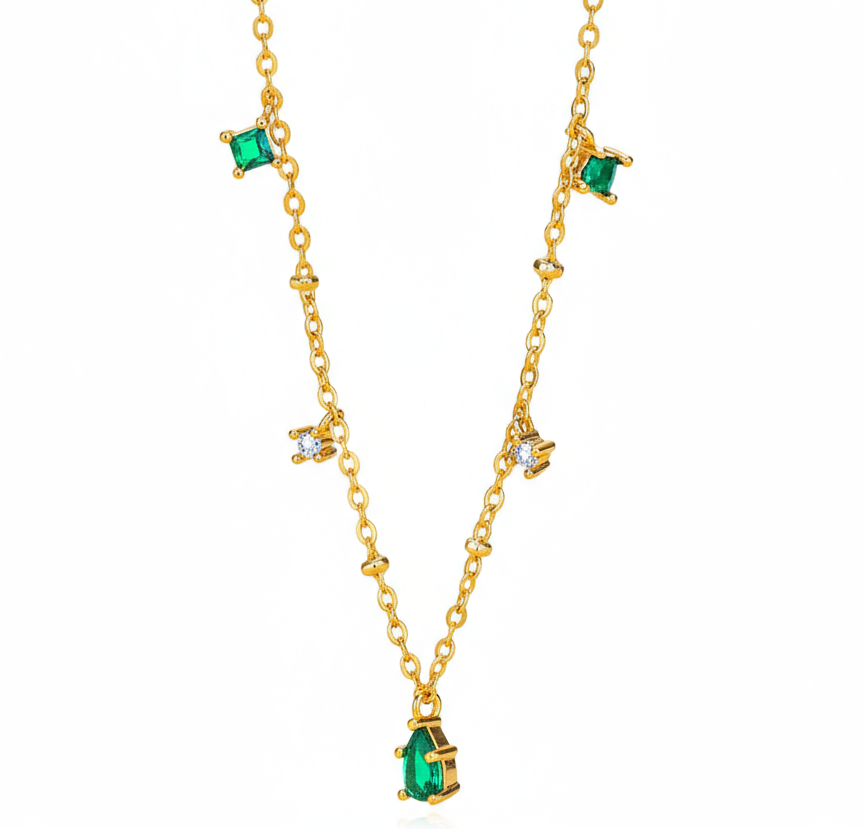 dainty gold plated silver station necklace with emerald green and cubic zirconia drops dainty gold plated silver station necklace with emerald green and cubic zirconia drops