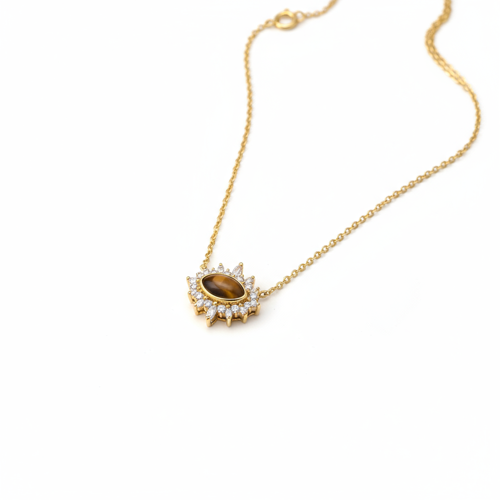Home dainty 18k gold plated 925 sterling silver necklace with natural tiger eye amber stone | unique women's jewellery