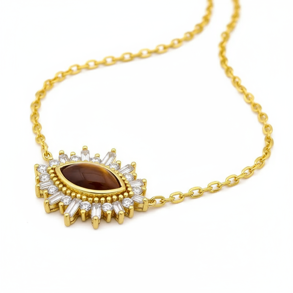 dainty 18k gold plated 925 sterling silver necklace with natural tiger eye amber stone | unique women's jewellery dainty 18k gold plated 925 sterling silver necklace with natural tiger eye amber stone | unique women's jewellery