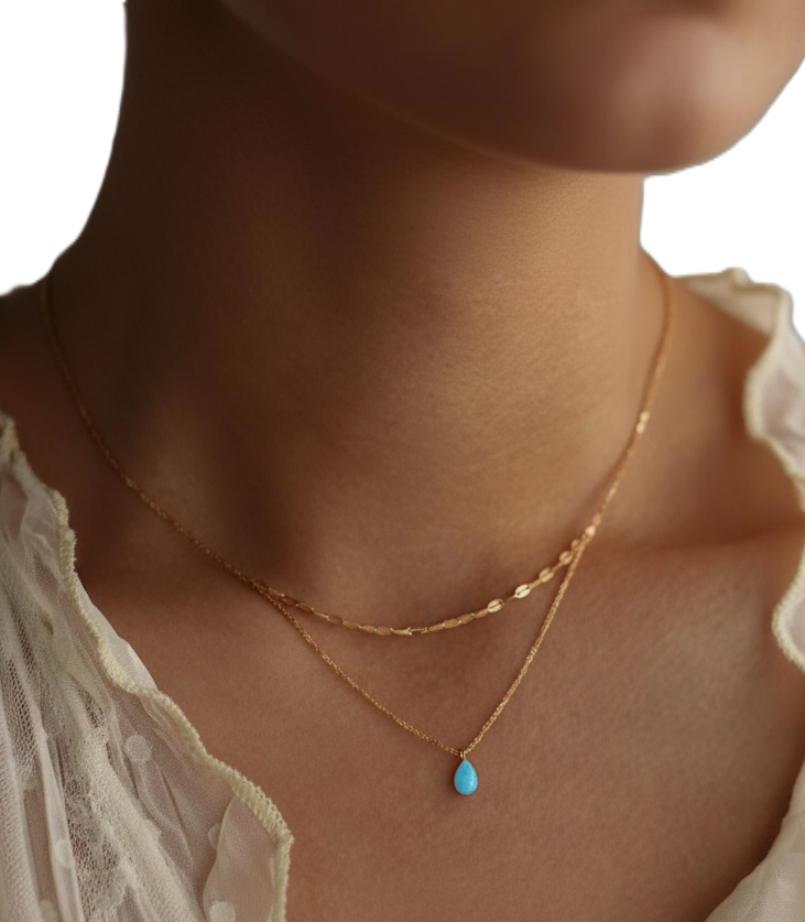 gold plated 925 silver layered necklace with tiny turquoise teardrop charm simulated opal blue stone gold plated 925 silver layered necklace with tiny turquoise teardrop charm simulated opal blue stone