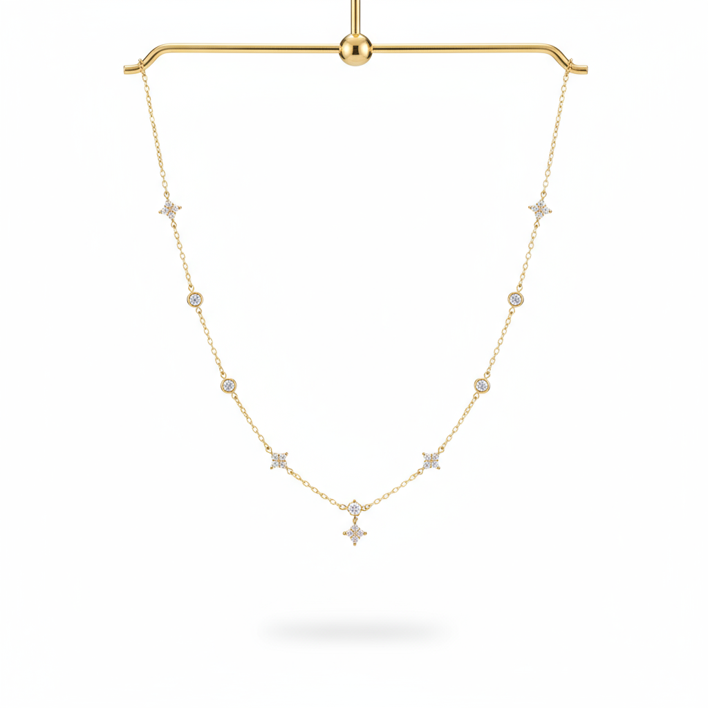 dainty gold plated 925 silver dangling flower & cubic zirconia station necklace dainty gold plated 925 silver dangling flower & cubic zirconia station necklace