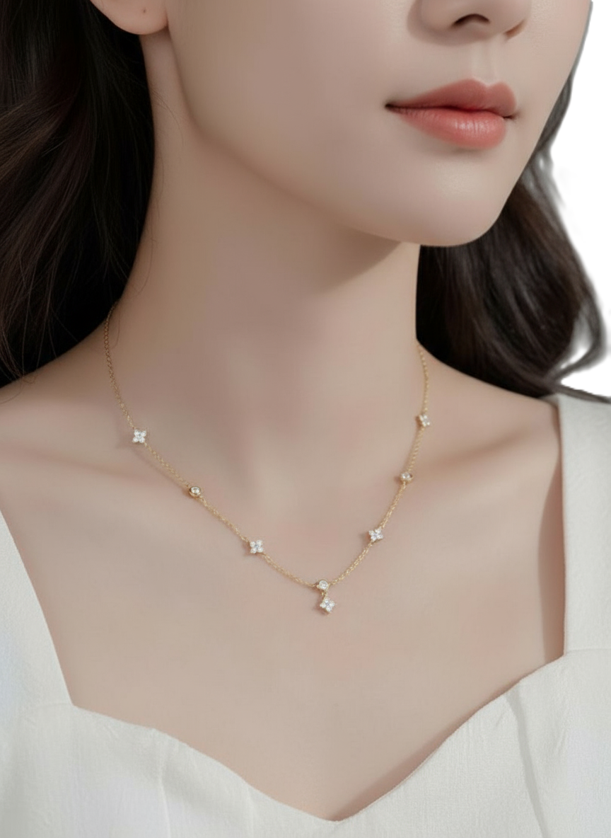 dainty gold plated 925 silver dangling flower & cubic zirconia station necklace dainty gold plated 925 silver dangling flower & cubic zirconia station necklace