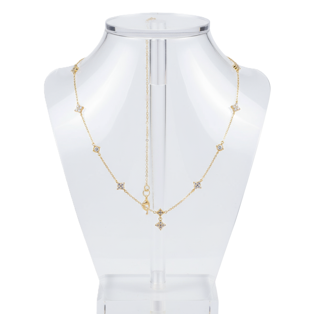 Home dainty gold plated 925 silver dangling flower & cubic zirconia station necklace