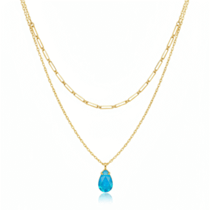 gold plated 925 silver layered necklace with tiny turquoise teardrop charm