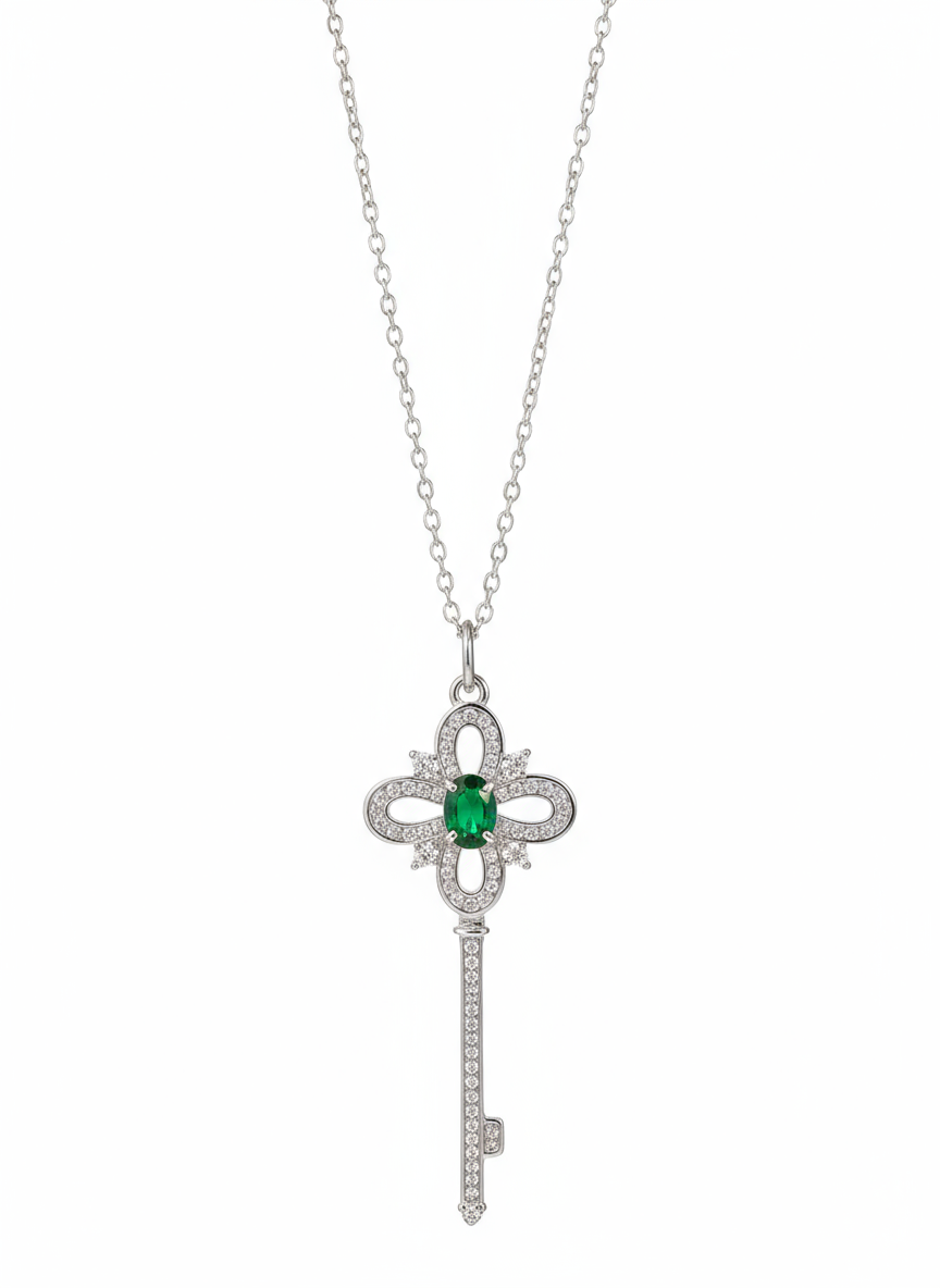 Pave Cubic Zirconia and Emerald-Green Centre Necklace