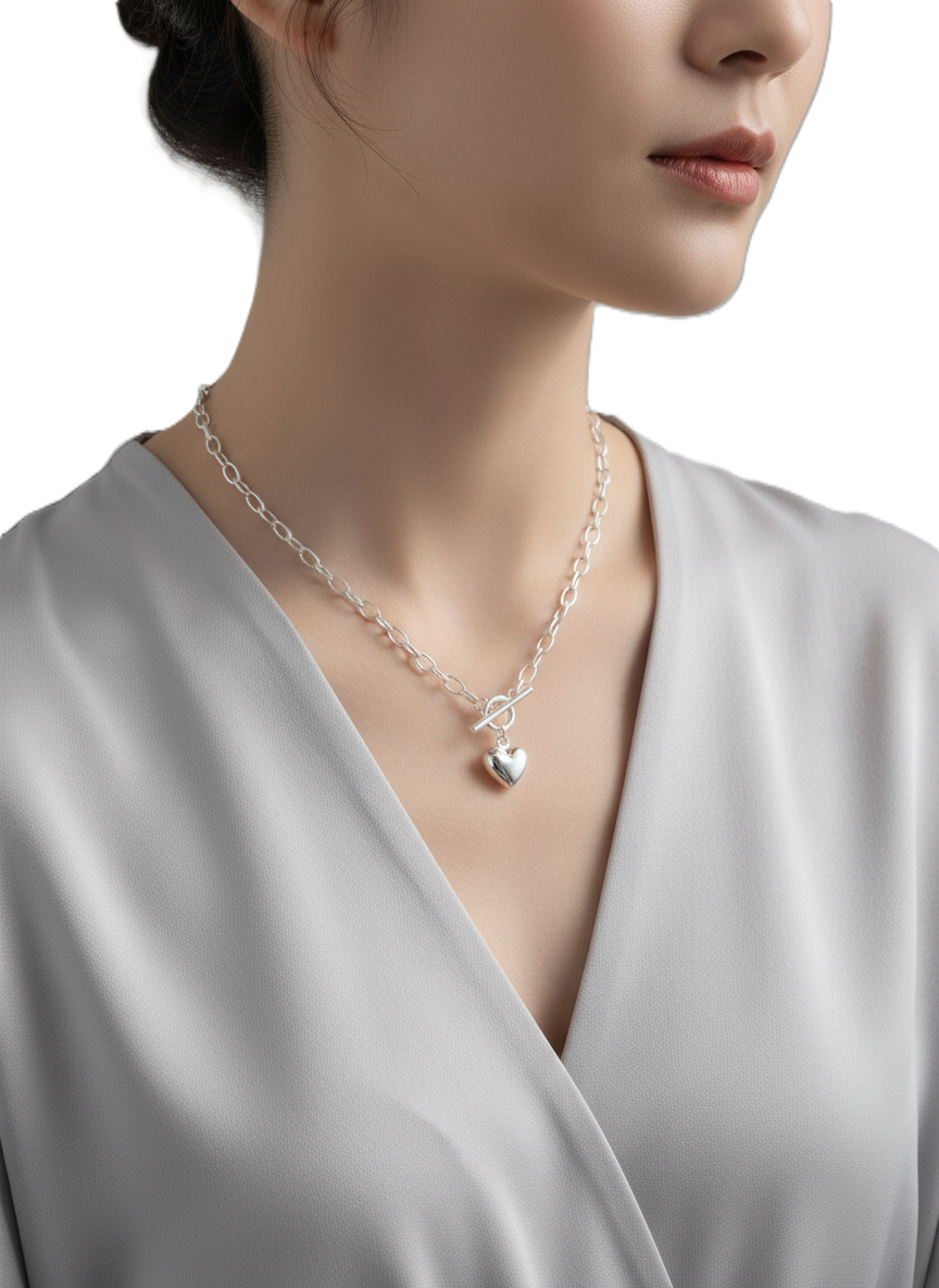Chunky Chain Toggle Necklace with Puffy Heart Charm - Image 5