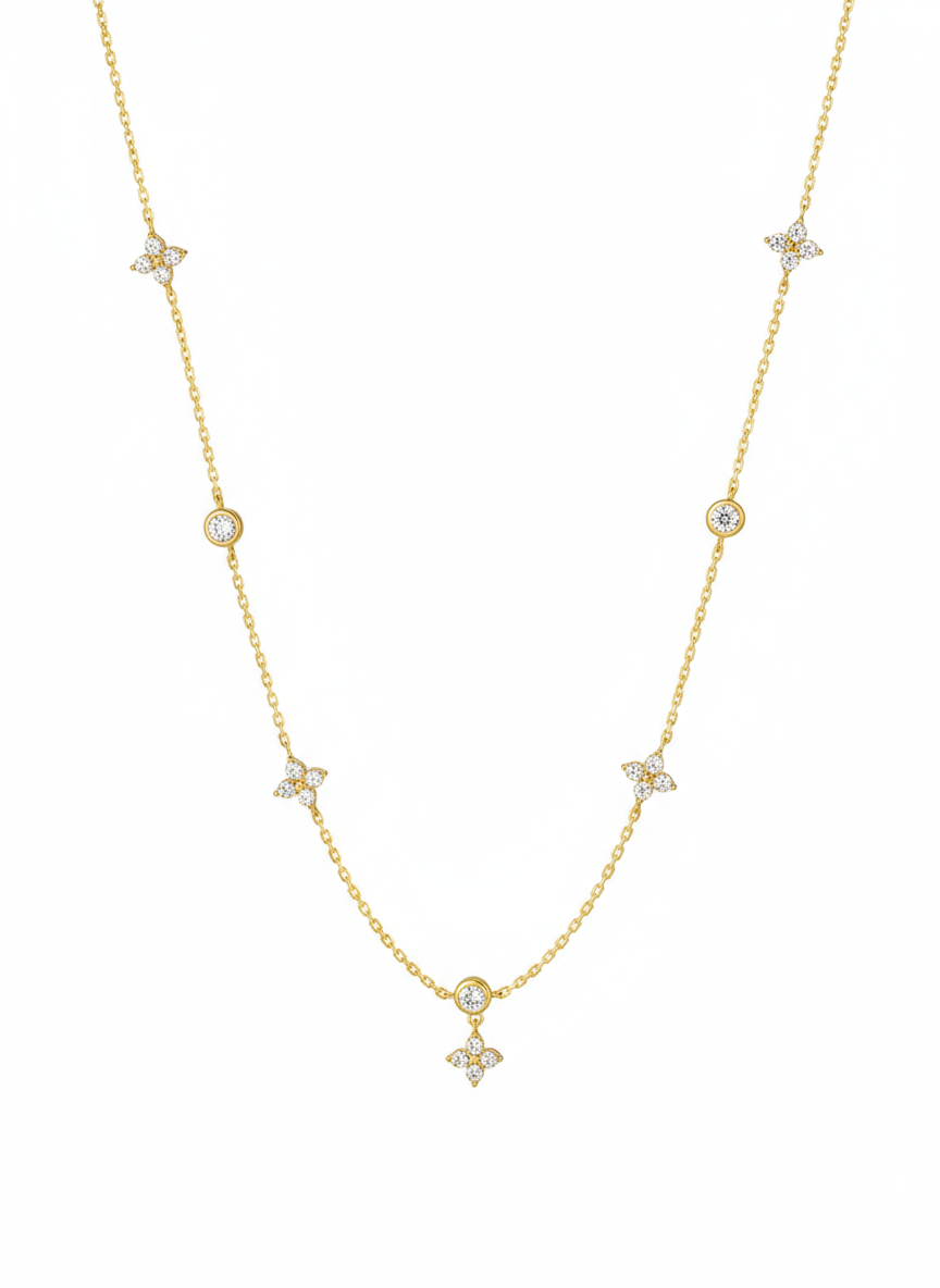 Dazzling Flower & Round Cubic Zirconia Station Necklace