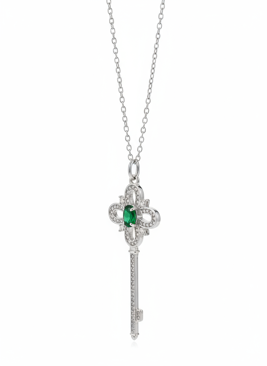 Pave Cubic Zirconia and Emerald-Green Centre Necklace - Image 2