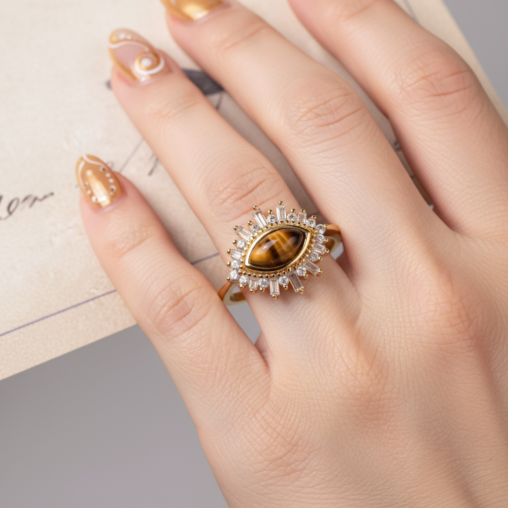 Dainty Ring with Natural Tiger Eye Amber - Image 8