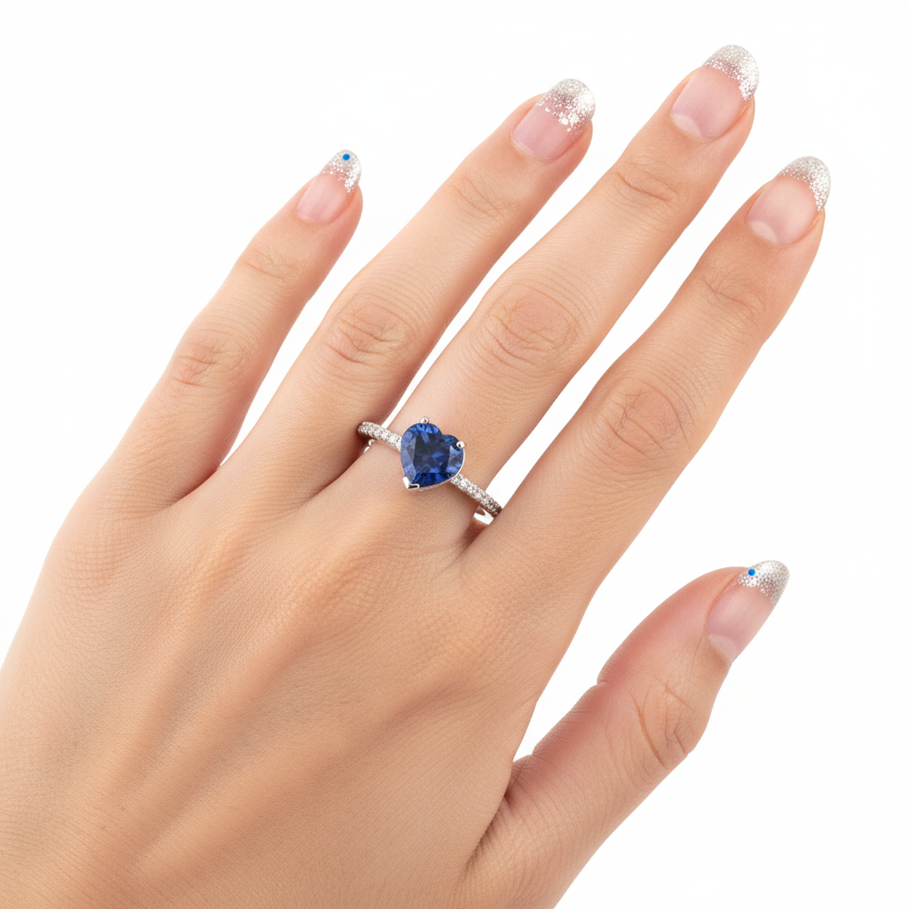 Dainty Heart Ring with Blue Zirconia Pavé Band - Image 6