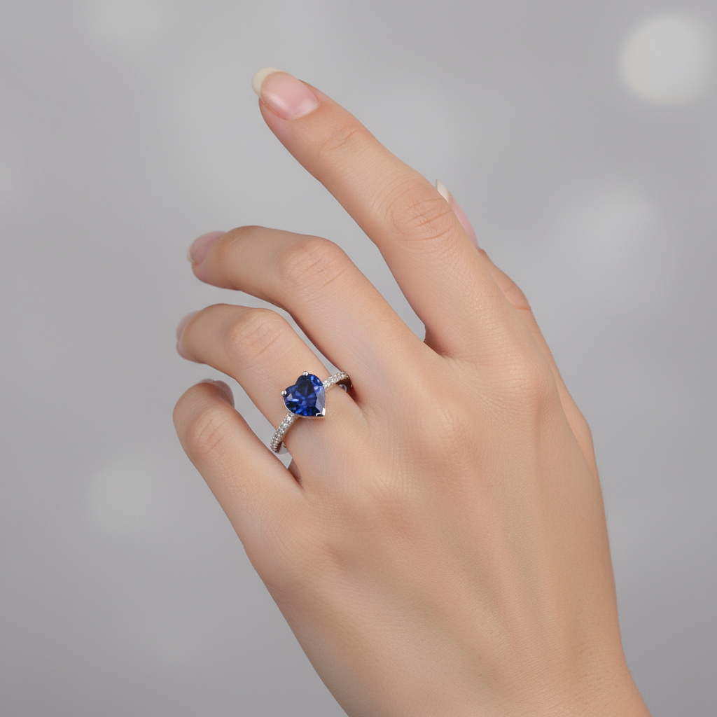 Dainty Heart Ring with Blue Zirconia Pavé Band - Image 5