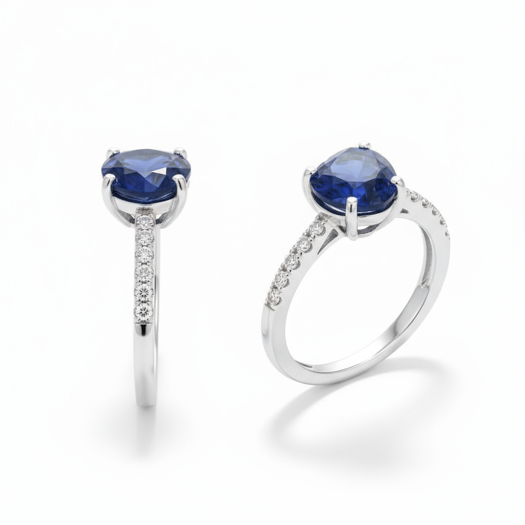 Dainty Heart Ring with Blue Zirconia Pavé Band - Image 3