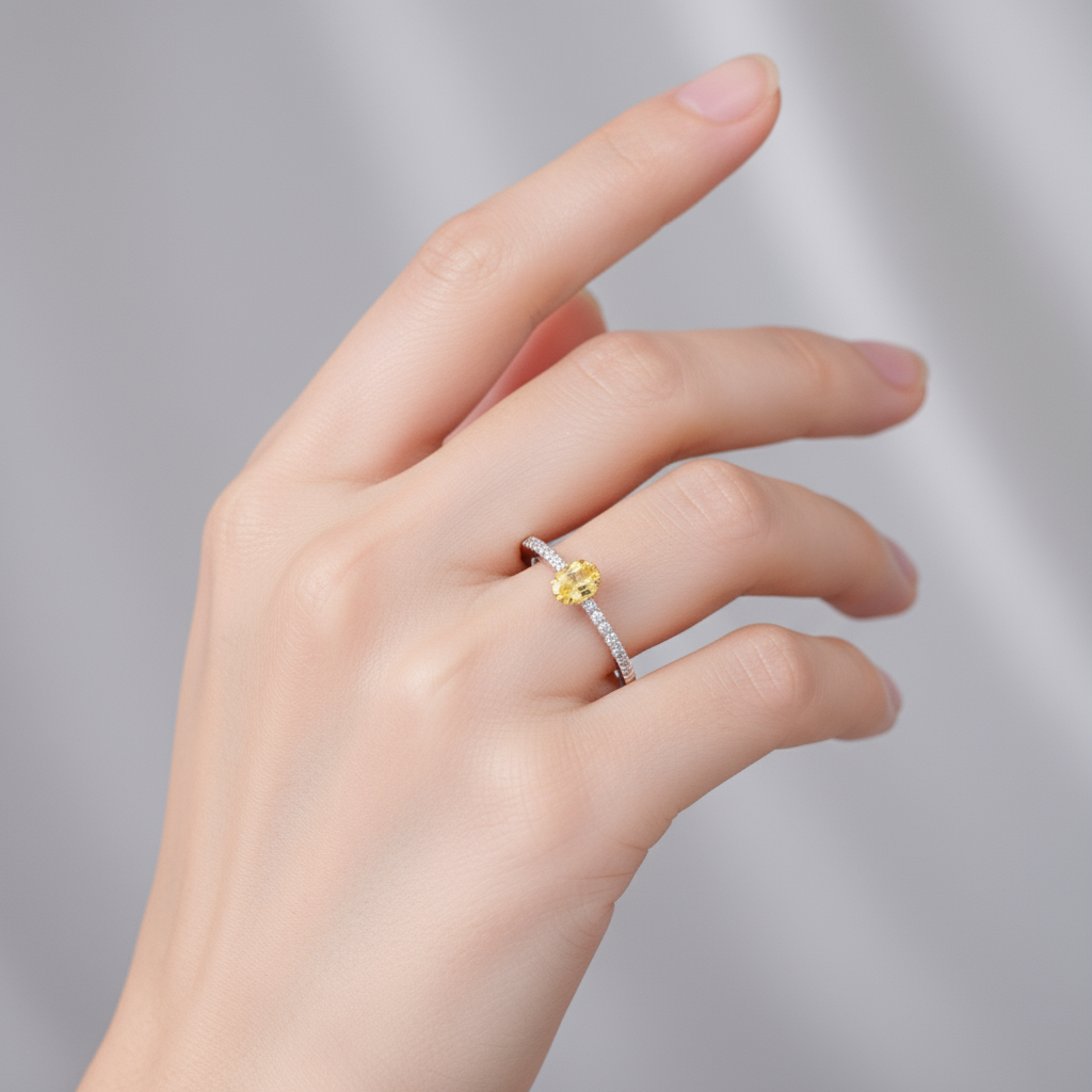 Dainty Oval Yellow Gemstone Pave Ring - Image 5
