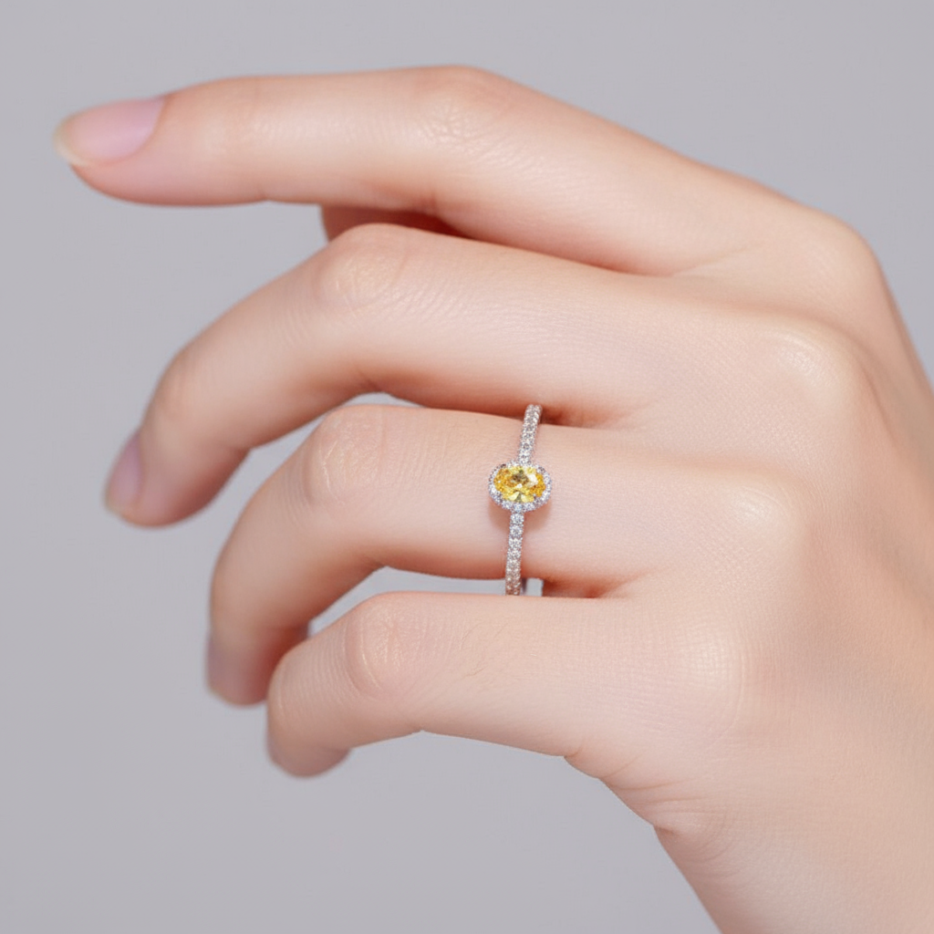 Dainty Oval Yellow Gemstone Pave Ring - Image 4